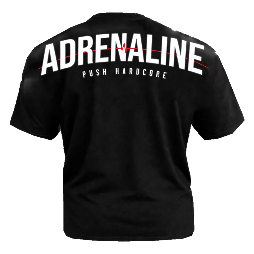 Espalda de la camiseta negra oversize de Adrenaline con ADRENALINE, el pulso rojo y PUSH HARDCORE