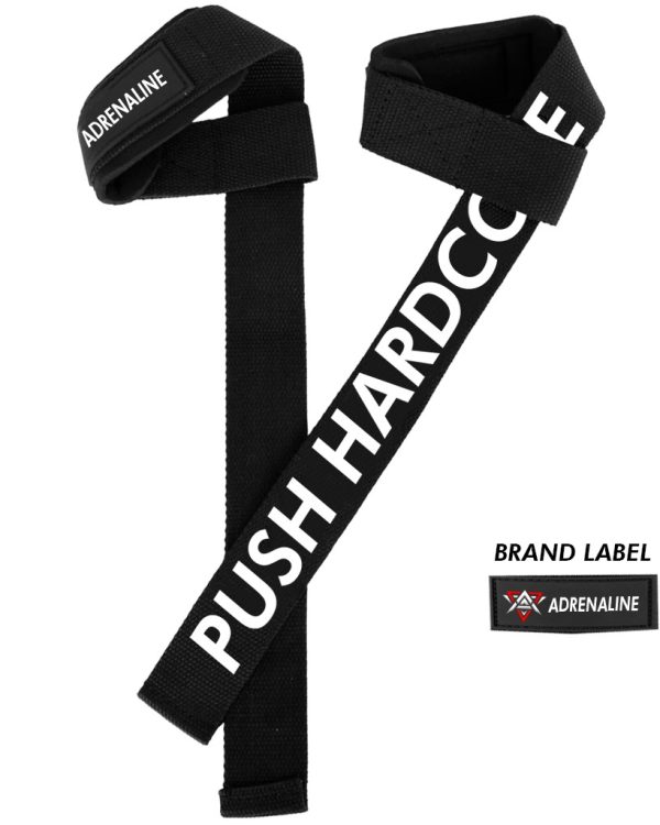 Straps de levantamiento negros PUSH HARDCORE con la etiqueta de Adrenaline